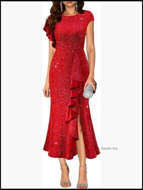 Sequin Formal Party Dress with Flounced Sleeves & Side Slit